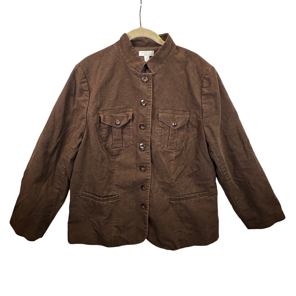 Charter Club Woman Brown Cotton Fall Utility Jacket Blazer Size 14W Mock